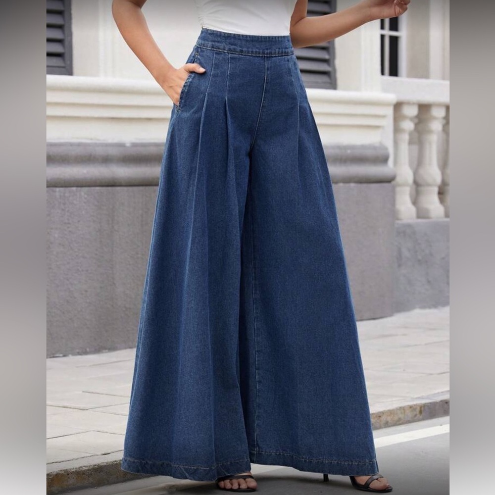 Wide Leg Dark Blue Jeans for Women - Denim Palazzo Pants - Picture 3 of 5